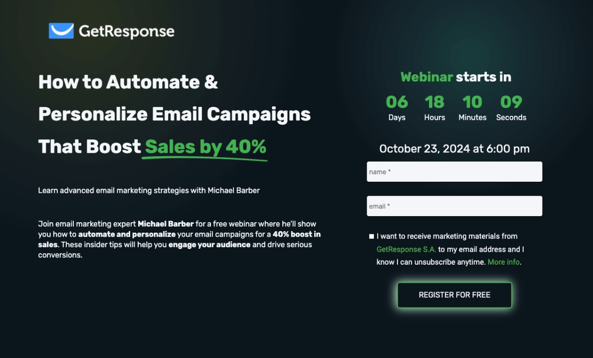 Webinar landing page by GetResponse